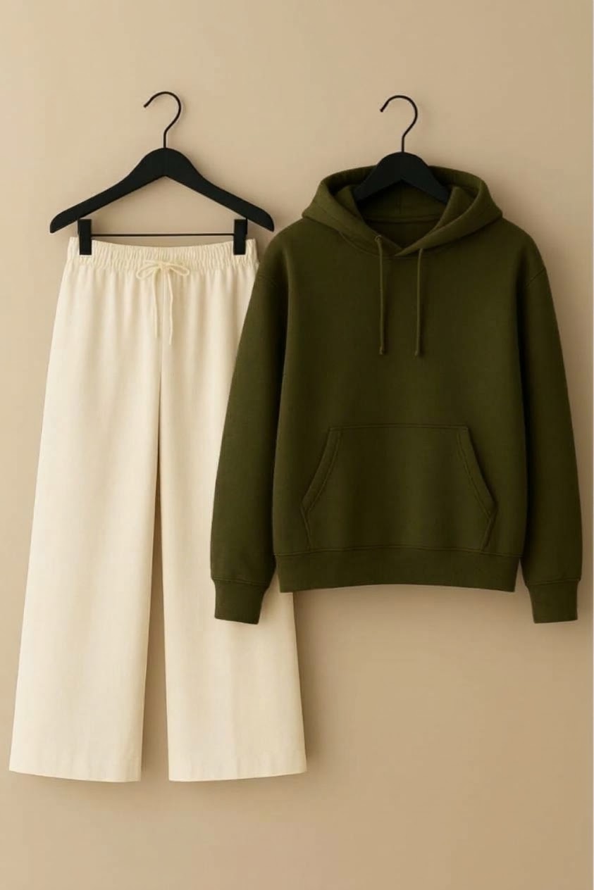 olive hoodie& beige trouser