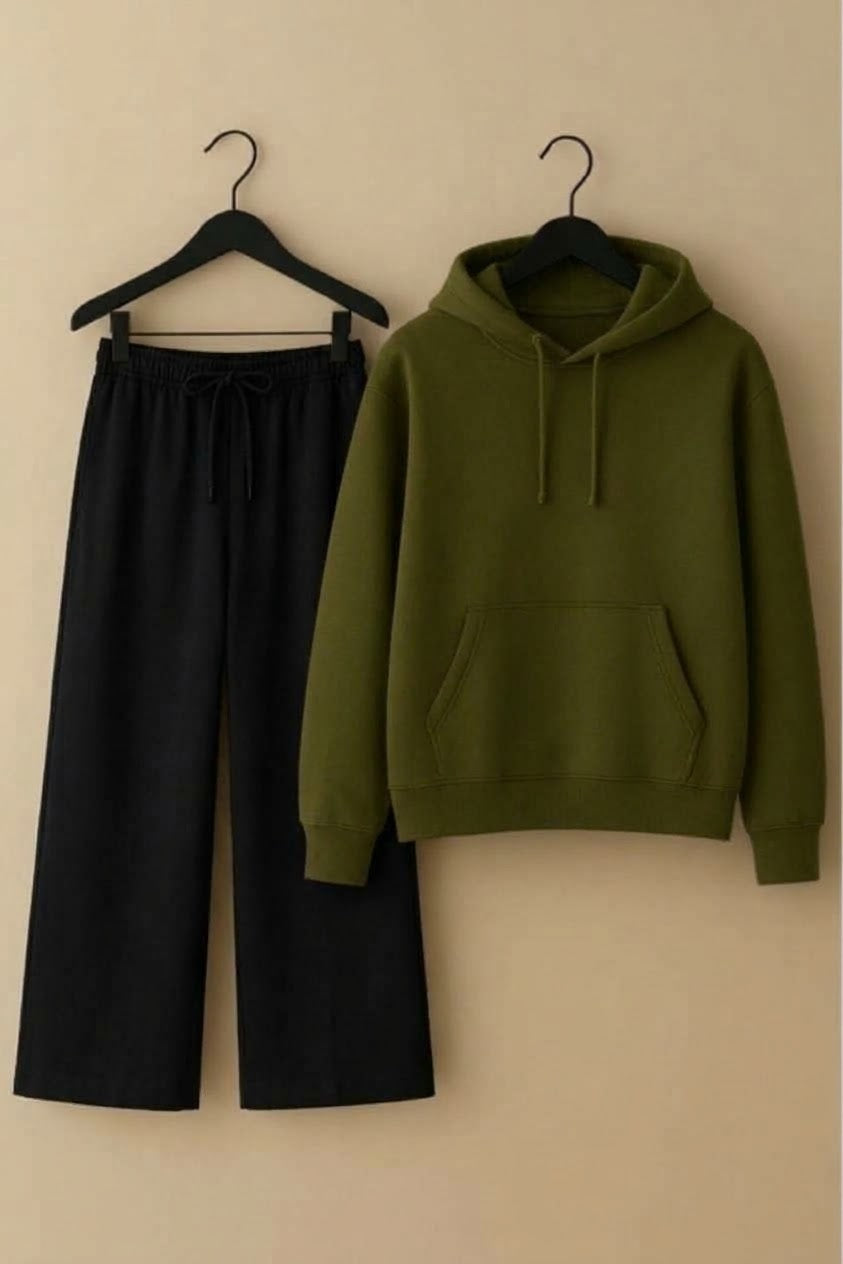 olive hoodie& black trouser