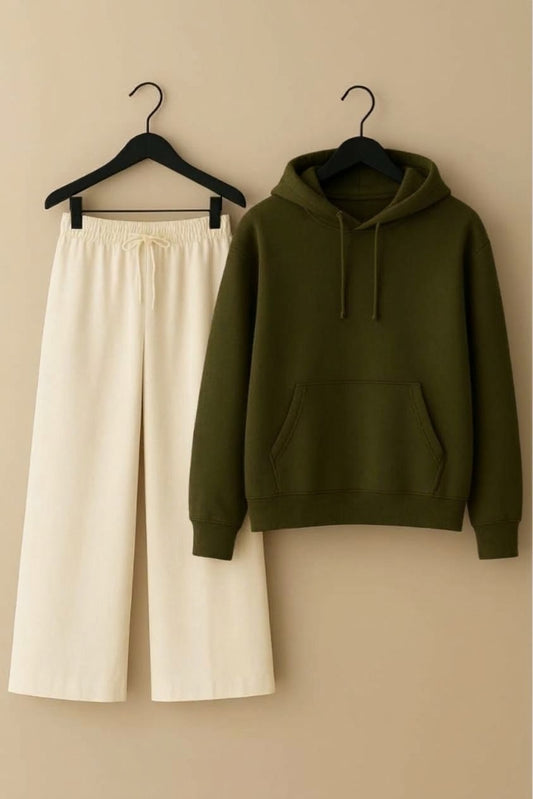 olive hoodie& beige trouser