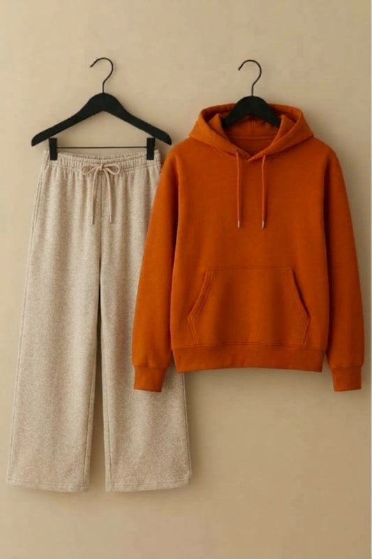 Orange hoodie& beige trouser