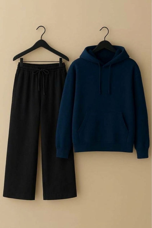 Blue Hoodie & Black Trousers