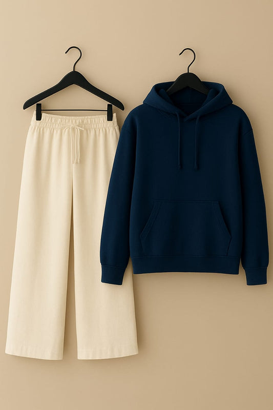 Blue Hoodie & Beige Trousers