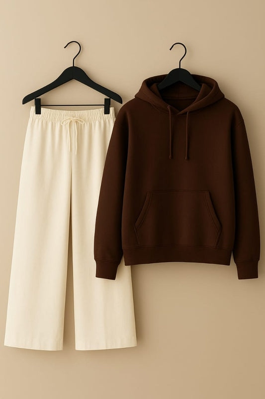 Brown Hoodie & Beige Trousers